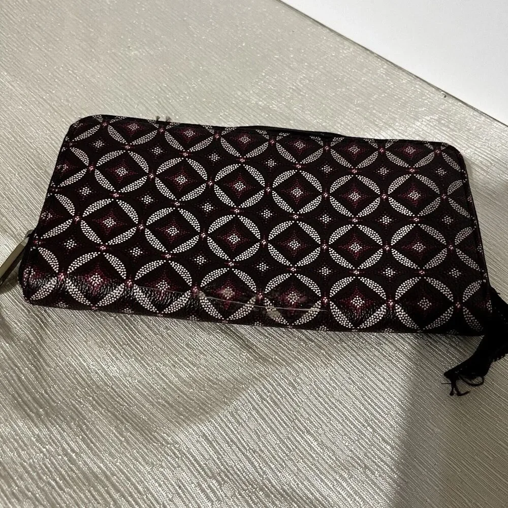 Fossil Leather Wallet Zip Around Burgundy Geometric Slim Clutch Bifold Organizer